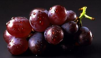 jugoso uva manojo en mojado hoja, un Fresco orgánico bocadillo generado por ai foto