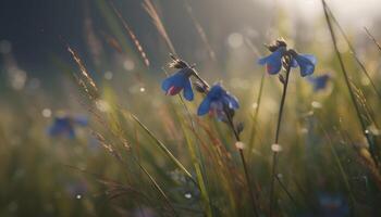 vibrante flor silvestre prado en otoño, Rocío gotas en pétalos generado por ai foto