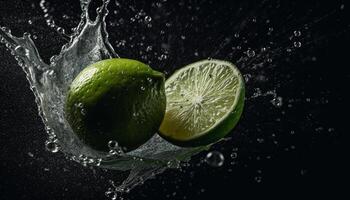 Fresh lime slice drops into water, splashing citrus refreshment generated by AI photo