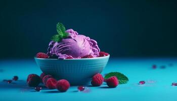 Fresh berry ice cream bowl, a sweet summer indulgence generated by AI photo