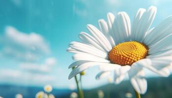 Vibrant chamomile blossom in tranquil meadow, focus on foreground generated by AI photo