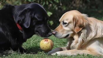 Golden retriever puppy playing with ball in green meadow generated by AI photo