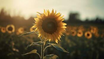 Golden sunflower blossoms in vibrant rural meadow under blue sky generated by AI photo