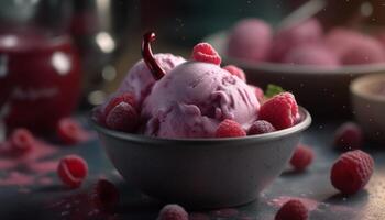 Fresh berry dessert with homemade strawberry ice cream and frozen yogurt generated by AI photo