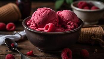 A gourmet summer dessert bowl with fresh raspberry sorbet generated by AI photo