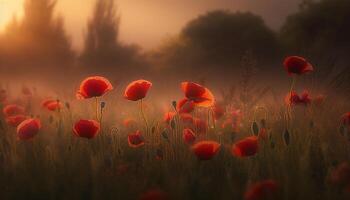 Vibrant wildflowers bloom in tranquil meadow at sunrise, backlit by sun generated by AI photo