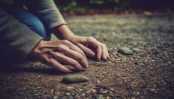 uno mujer participación piedra, rodeado por naturaleza belleza en soledad generado por ai foto