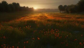 tranquilo prado a oscuridad, flores silvestres floración en vibrante puesta de sol belleza generado por ai foto