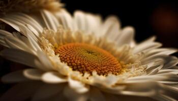 Yellow daisy petal in soft focus, surrounded by fresh chamomile pollen generated by AI photo