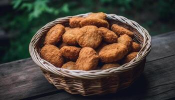 Fresh organic fruit snack in a rustic wicker basket heap generated by AI photo