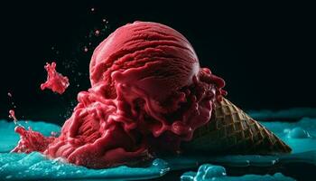 Indulgent ice cream cone explodes with sweet raspberry goodness at night generated by AI photo