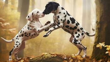 Purebred dalmatian puppy playing with terrier in autumn forest generated by AI photo