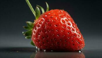 Juicy ripe strawberry, a sweet organic summer refreshment on farm table generated by AI photo