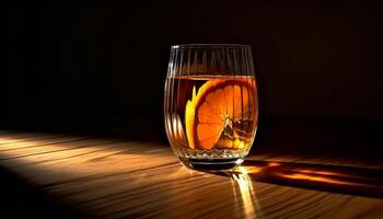 Refreshing cocktail with whiskey, fruit, and ice on wooden table generated by AI photo