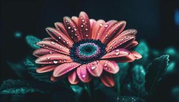 Vibrant gerbera daisy in wet grass, reflecting beauty of nature generated by AI photo