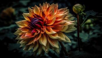 Vibrant dahlia blossom, close up of yellow petal in formal garden generated by AI photo