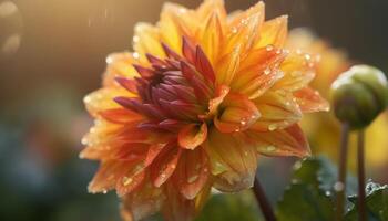 Vibrant multi colored dahlia blossom in formal garden under sunlight generated by AI photo