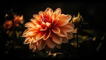 Vibrant multi colored dahlia blossom in nature formal garden generated by AI photo