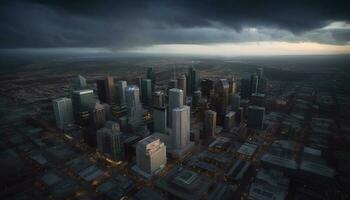 Modern city skyline illuminated by dramatic sunset over reflective water generated by AI photo