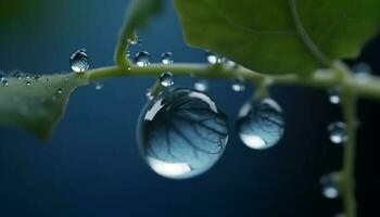 Fresh green leaves glisten with dew in tranquil autumn scene generated by AI photo