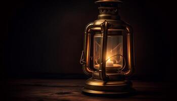 Antique lantern illuminates rustic table with glowing candlelight decoration generated by AI photo