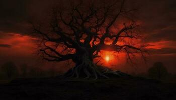silueta de árbol rama espalda iluminado por escalofriante puesta de sol cielo generado por ai foto