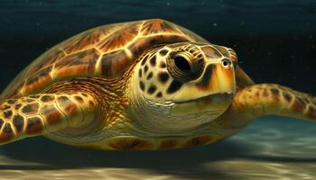 Slow moving turtle swims in tropical waters, an endangered species generated by AI photo