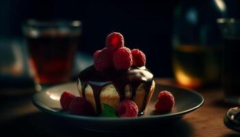 A gourmet dessert plate with raspberry, strawberry, blueberry, and chocolate generated by AI photo