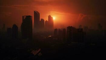 silueta de moderno rascacielos iluminar ciudad horizonte a puesta de sol generado por ai foto