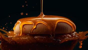 Pouring chocolate syrup over gourmet dessert, sweet indulgence melting away generated by AI photo