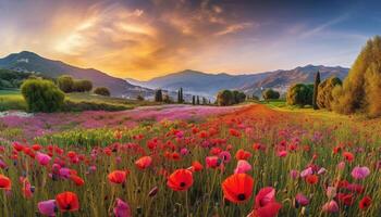 idílico prado paisaje con vibrante flores debajo púrpura puesta de sol cielo generado por ai foto