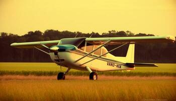 volador antiguo biplano realiza truco a espectáculo aéreo en puesta de sol generado por ai foto