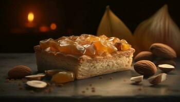 Sweet pie slice with almond, hazelnut, and pecan decoration on wood generated by AI photo