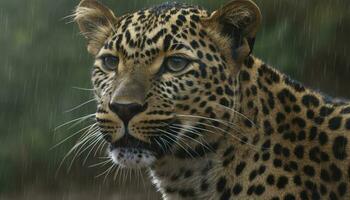 Jaguar staring, majestic beauty in nature, wild and endangered generated by AI photo