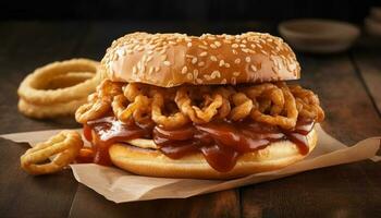 Freshly grilled burger and fries on a rustic wooden table generated by AI photo