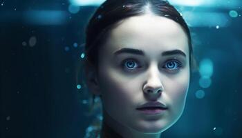 Young adult woman looking at camera underwater with wet hair generated by AI photo