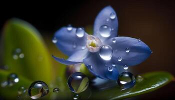 Vibrant pink orchid reflects in dew drop on green leaf generated by AI photo