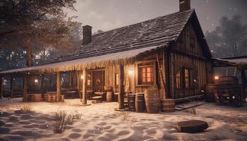 Rustic log cabin illuminated by lantern in snowy winter night generated by AI photo