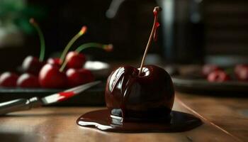 Organic berry dessert on wooden table, a gourmet indulgence temptation generated by AI photo
