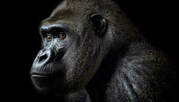 Endangered primate, gorilla, stares with strength in black monochrome portrait generated by AI photo
