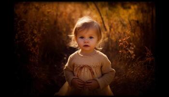 sonriente bebé niña sentado en prado, rodeado por naturaleza belleza generado por ai foto