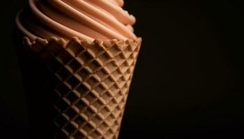 Indulgent ice cream cone with chocolate and candy toppings on dark background generated by AI photo