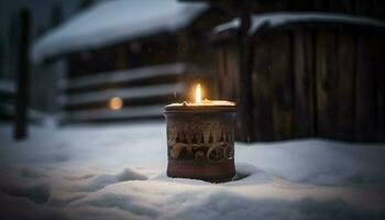 Candlelight illuminates winter celebration, glowing on frosty table decor generated by AI photo