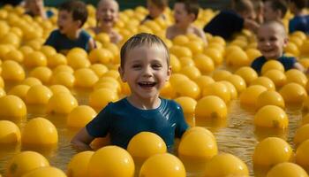 Cheerful boys and girls playing in the swimming pool, enjoying summer generated by AI photo