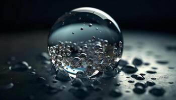 Transparent sphere reflects wet nature beauty in a single drop generated by AI photo