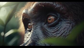 Cute primate staring with selective focus in tropical rainforest portrait generated by AI photo
