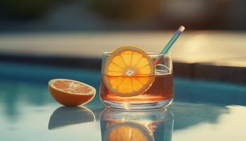 Fresh citrus fruit cocktail on wooden table with ice and slice generated by AI photo