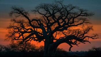 silueta de acacia árbol espalda iluminado por naranja puesta de sol generado por ai foto
