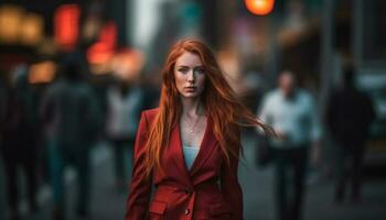 confidente joven mujer de negocios caminando en el ciudad con elegancia y estilo generado por ai foto