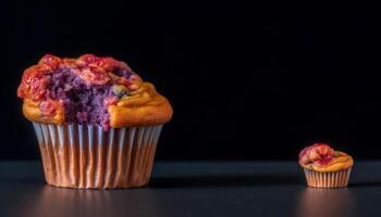 Freshly baked gourmet blueberry muffin with creamy icing and chocolate chips generated by AI photo